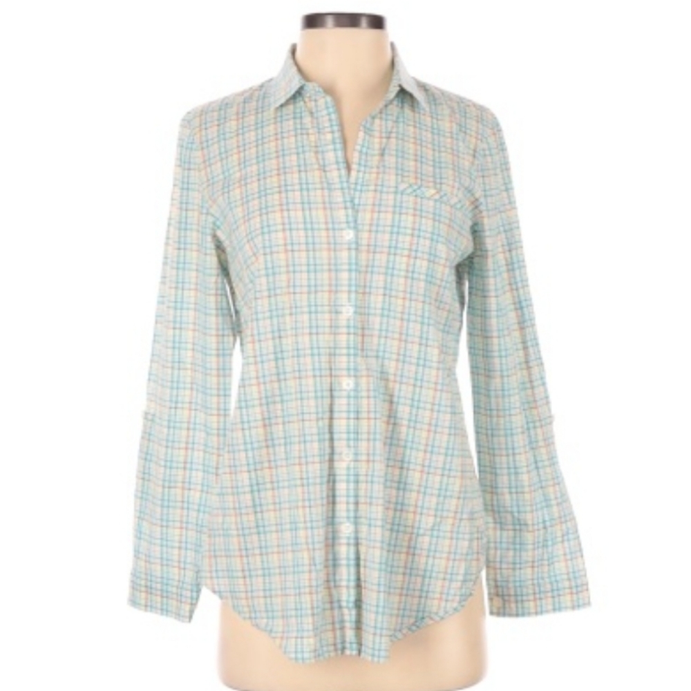 Lafayette 148 XL Button Down Blue Red Plaid Blouse